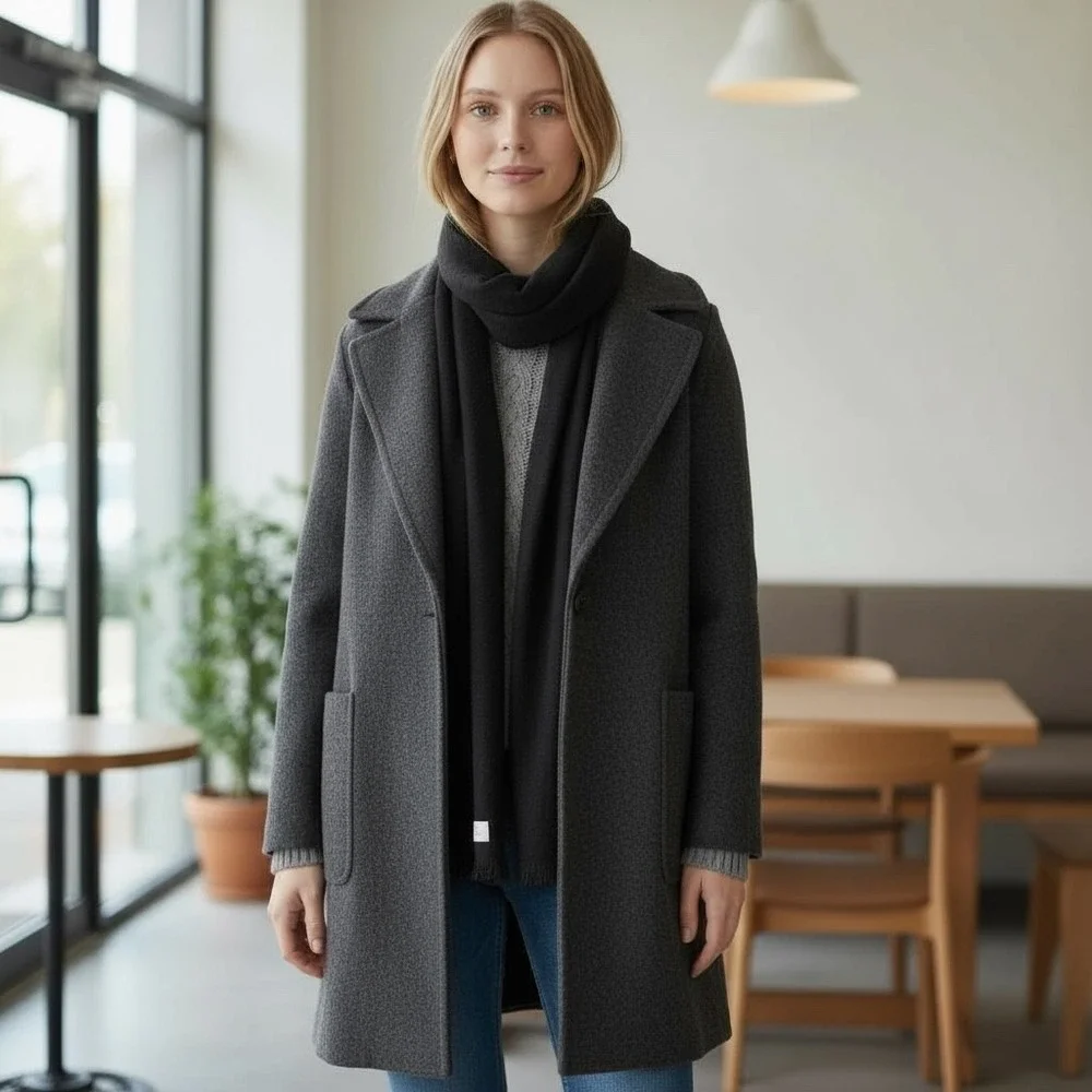 Calvin Klein Charcoal Gray & Light Gray Knit Fringe Scarf‎ Wrap Shawl